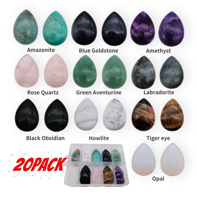 XMHOME 20pcs Teardrop Shaped Stone Assorted Gemstones 10 Colors 35 * 25 * 7mm Worry Stone Multi-Color Cabochons Crystal Healing Beads for Jewelry Making Wholesale